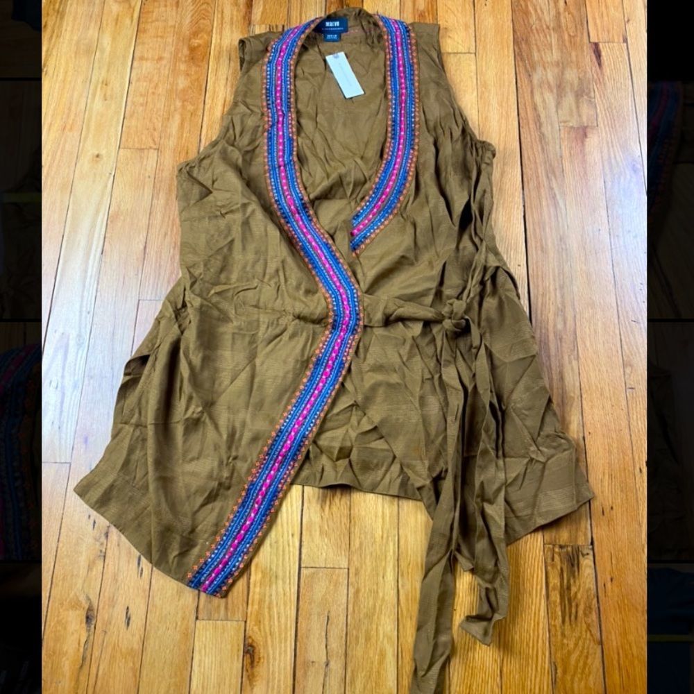 Maeve Brown Sleeveless Blouse with Blue and Red Trim